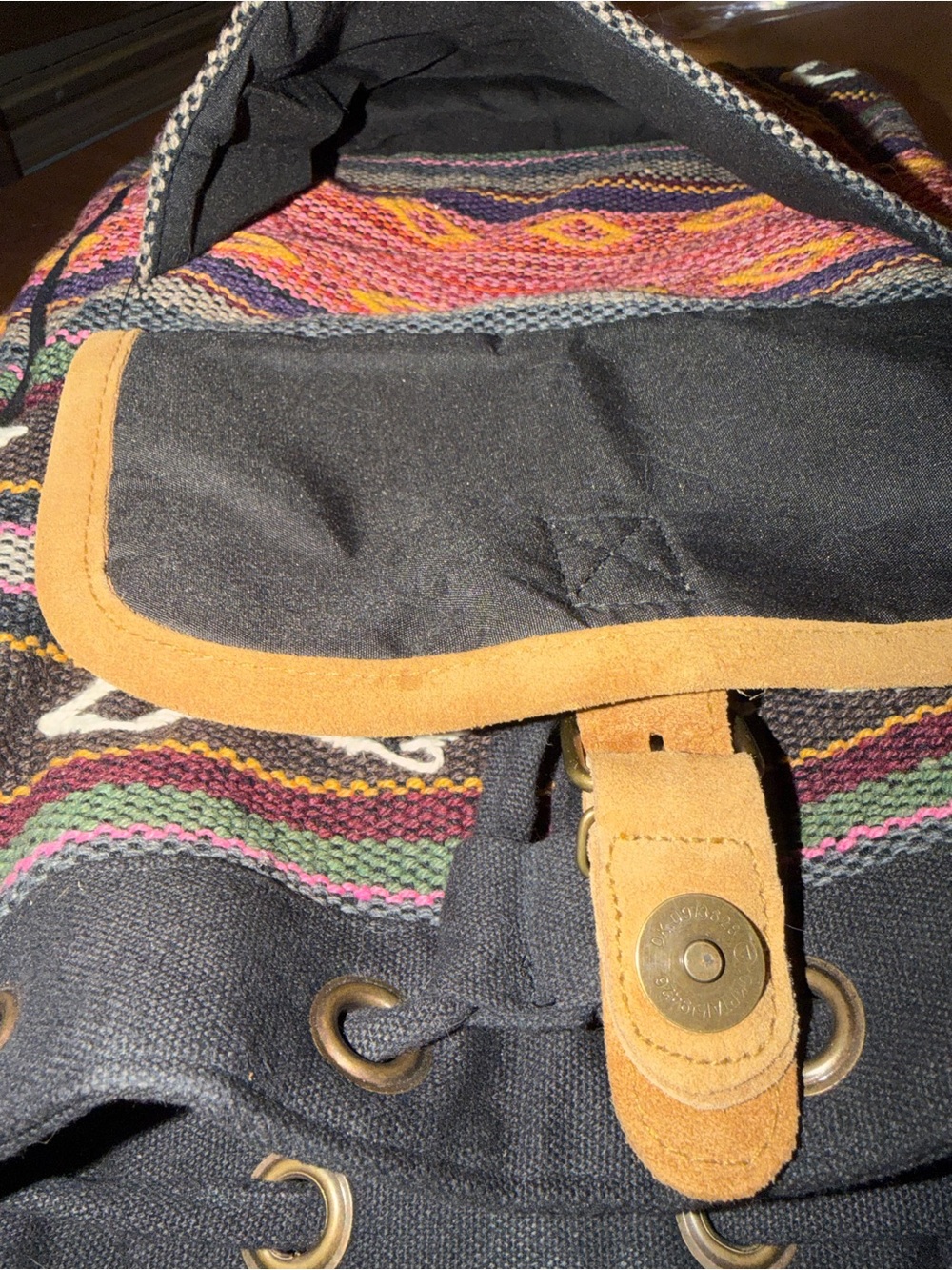 Boho Patterned Multi-Color Canvas Backpack with Tan Trim - Picture 6 of 7
